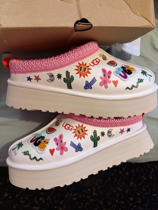 UGG Shoes - UGG White and Pink Kids Platform Slip-On Clog with Playful Sticker Prints